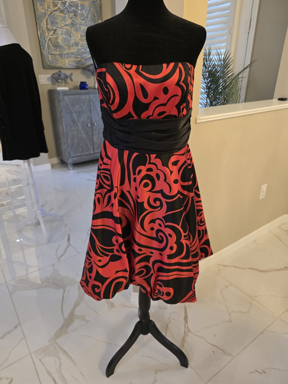 Betsy & Adam Red and Black Strapless Swirl Print Party Dress